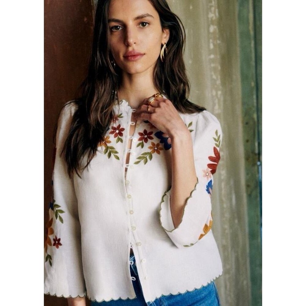 Sezane Gardenia Print Linen Blouse Women’s 46 White Embroidery Ruffled Boho